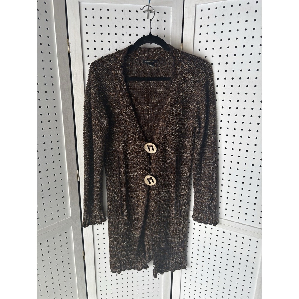 BCBG Maxazria Cardigan Sweater Sz XL Brown Wood Button V-Neck‎ Textured